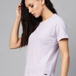 roadster Women Solid Round Neck Pure Cotton Purple T-Shirt image 3