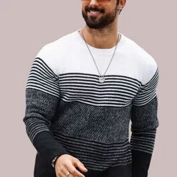 urban trees Men Striped Round Neck White, Black Sweater image 3