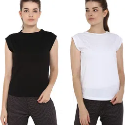 ap'pulse Pack of 2 Women Solid Round Neck Pure Cotton White, Black T-Shirt-picture-23