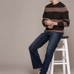 roadster Men Striped Round Neck Brown Sweater image 4