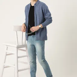 mast & harbour Men Self Design Turtle Neck Blue Sweater-picture-10