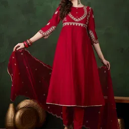 Sangria Zari Embroidered Sequence Red Silk Blend Kurta with Pant and Dupatta Embroidered Anarkali Kurta, Bottom & Dupatta Set-picture-12