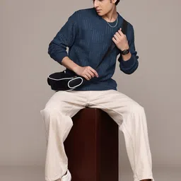 roadster Men Self Design Round Neck Blue Sweater image 4