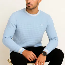 wulvee Men Self Design Round Neck Light Blue Sweater image 2
