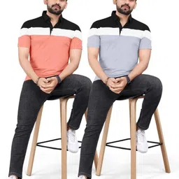 rggarment Pack of 2 Men Colorblock Polo Neck Cotton Blend Pink, Grey T-Shirt-picture-21