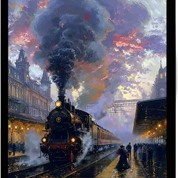 Vintage Steam Train Station Wall Art, Dramatic Evening Sky Home Decor Acrylic 12 inch x 8 inch Painting-image-36