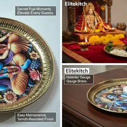 elitekitch Beautiful Floral Radha-Krishna Full_10 Inch Design Heavy Brass Dinner Plate image 5