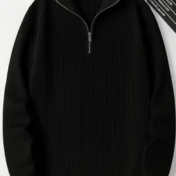 copehi Men Self Design Zip Neck Cotton Blend Black T-Shirt image 4