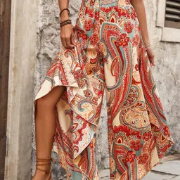 Women Loose Fit Red Viscose Rayon Trousers-image-17