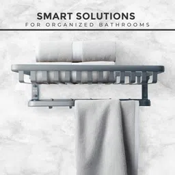 ibell IBL 77-GS Anti-Rust Wall Mounted Towel Stand for Bathroom with Shelf Matte Black Towel Holder image 4