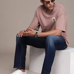 roadster Men Solid Round Neck Pure Cotton Pink T-Shirt image 4