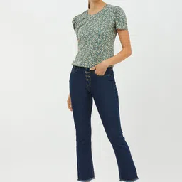 harpa basics Women Printed Round Neck Pure Cotton Green T-Shirt image 2