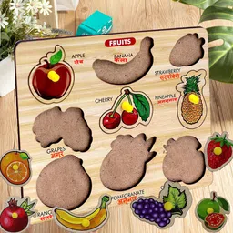 casadomani Setof2 Wooden Identification Fruit+Geometric Shape Peg Board Puzzle with Picture image 4