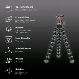 JOBY JB01507-BWW 30.5cm Adjustable Tripod for Camera (360 Degree Panning Bed, Black) image 2