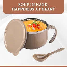 kuber industries Stainless Steel Soup Bowl Pack of 3 600ml Stainless Steel Soup Bowl with Spoon & Holder | Brown image 5