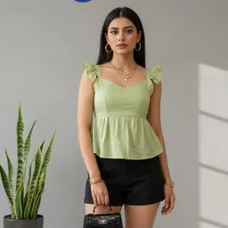 Party Ruffled Sleeves Solid Women Light Green Top-image-24