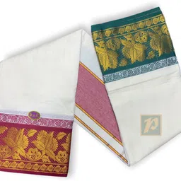 Prakasam Cotton Mens Unbleached Panchakacham (9x5) Dhoti & towel Set-100% cotton Flower Design Solid Men Dhoti image 2