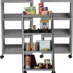 Pack of 3 Multipurpose 4-Layer Storage Trolley Rack with Wheels | Grey Plastic Kitchen Trolley-image-3
