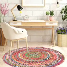 Multicolor Abstract Jute 5 ft x 5 ft Hand Woven Carpet by HabereIndia-picture-33