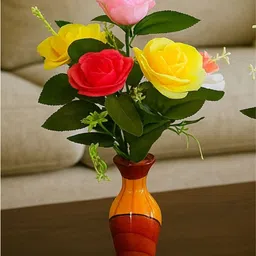 yugaura Artificial Flowers multi Colour with Wooden Finish Vases for Home decoration Multicolor Rose Artificial Flower with Pot-picture-21