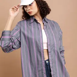 tokyo talkies Women Regular Fit Striped Cut Away Collar Casual Shirt-picture-24