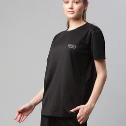 mack jonney Pack of 2 Women Solid Round Neck Polyester Blue, Black T-Shirt image 5