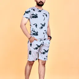 qosha Men Night Suit Set Grey Printed image 3