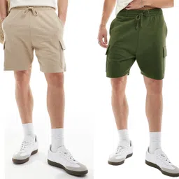 gyrfalcon Pack of 2 Solid Men Beige, Green Cargo Shorts-picture-26