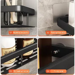 gloxy Self Adhesive Bathroom Shelf for Wall Shelf Organizer Shelves Rack Pack of 2 Black Towel Holder image 4