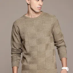 roadster Men Self Design Round Neck Brown Sweater image 4