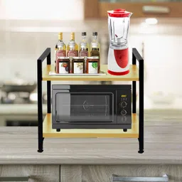 meena enterprises Multipurpose 2-Tier Wooden Shelf with 360°Wheels Heavy-Duty Microwave & OTGStand Wooden, Iron Kitchen Trolley image 1