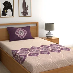 Dreamscape Purple Ethnic Motifs Pure Cotton 140 TC Single Fitted Bedsheet & Pillow Cover image 1