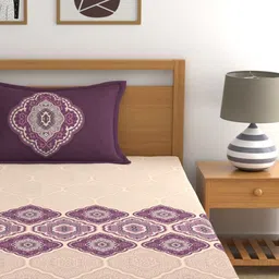 Dreamscape Purple Ethnic Motifs Pure Cotton 140 TC Single Fitted Bedsheet & Pillow Cover image 3
