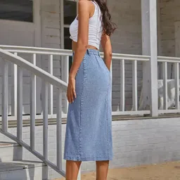 oceanista Women Solid A-line Light Blue Skirt image 4