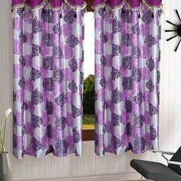 Cortina Purple & White Set of 2 Fancy Valance Leaf Printed Window Curtains-picture-33