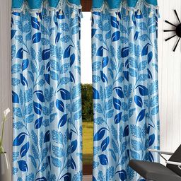 Cortina Blue & White Set of 2 Fancy Valance Floral Printed Long Door Curtains-picture-26