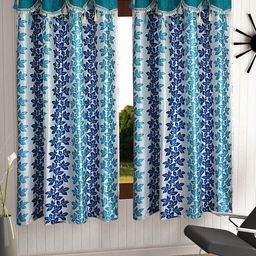 Cortina Blue & White Set Of 2 Fancy Valance Floral Printed Window Curtains-picture-35