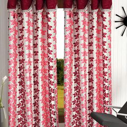 Cortina Maroon & White Set of 2 Fancy Valance Floral Printed Door Curtains-picture-34