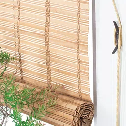 Deco Window Beige & Grey Striped Room Darkening Bamboo Roller Window Blinds image 5