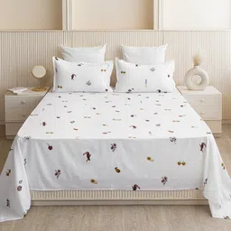 HOMEMONDE White & Brown Floral 210 TC Single Bedsheet with 2 Pillow Covers image 1