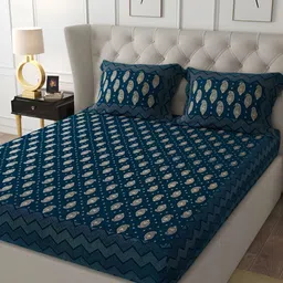 JAIPUR FABRIC Blue & Grey Ethnic Motifs 300 TC King Bedsheet with 2 Pillow Covers-picture-23