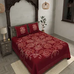 JAIPUR FABRIC Red & White Ethnic Motifs Cotton 300 TC King Bedsheet With 2 Pillow Covers-image-15
