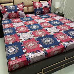 Pure Decor Amulya Blue& White Ethnic Motifs Cotton 240 TC Queen Bedsheet &2 Pillow Covers image 1