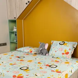 URBAN SPACE Blue Cartoon Characters 200 TC Cotton Fitted King Bedsheet & 2 Pillow Covers image 4