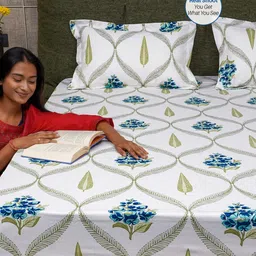 URBAN SPACE Blue & White Floral Printed Cotton 200 TC Single Bedsheet With 2 Pillow Covers image 5