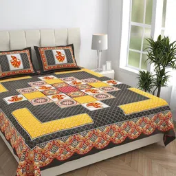 HOMELINE Black & Yellow Ethnic Motifs 144 TC Queen Bedsheet with 2 Pillow Covers-image-49