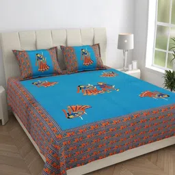 HOMELINE Blue & Orange Geometric 144 TC Queen Bedsheet with 2 Pillow Covers-image-54