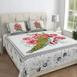 HOMELINE White & Green Graphic 144 TC Queen Bedsheet with 2 Pillow Covers-image-57