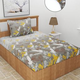 MORADO Charcoal & Yellow Floral Printed 210 TC Fitted Single Bedsheet With 1 Pillow Cover-picture-19