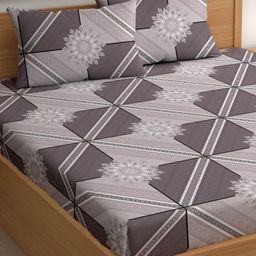 CHHAVI INDIA Grey & White Floral 210 TC King Bedsheet with 2 Pillow Covers-picture-3